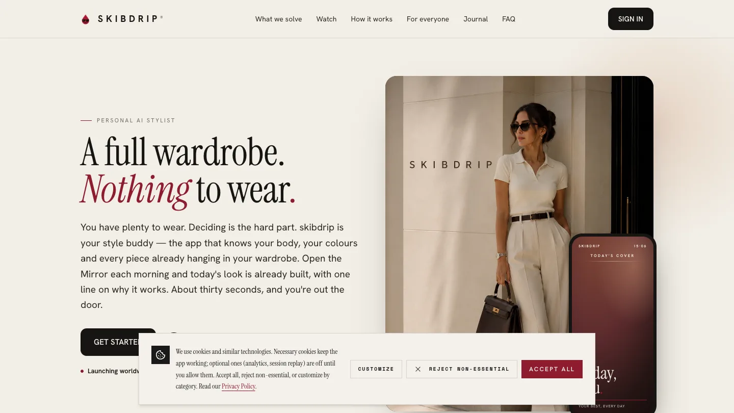 skibdrip app — the Mirror composing a complete daily outfit from the user's own wardrobe
