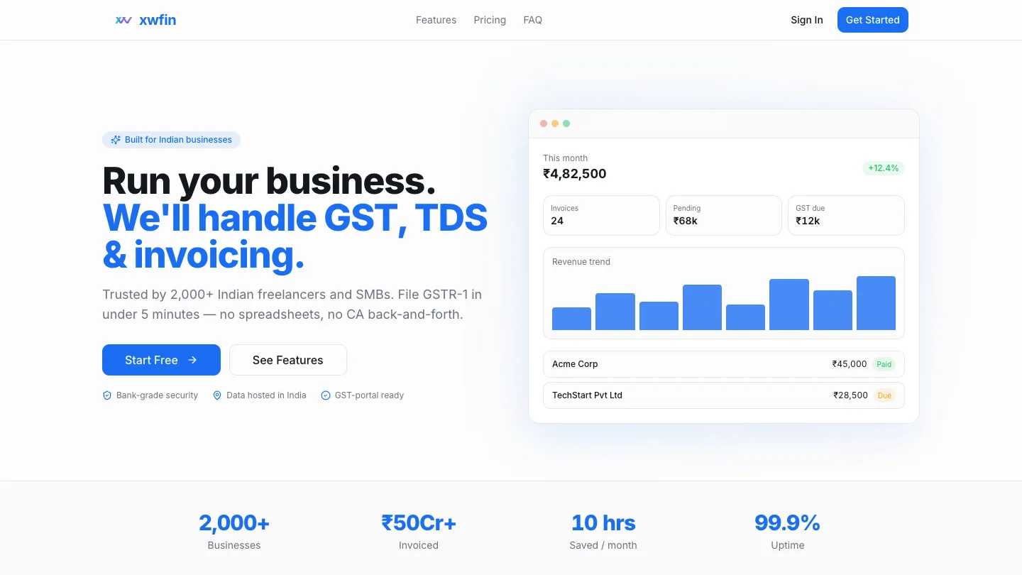XwFin dashboard — GST invoicing and tax intelligence platform by Xwits